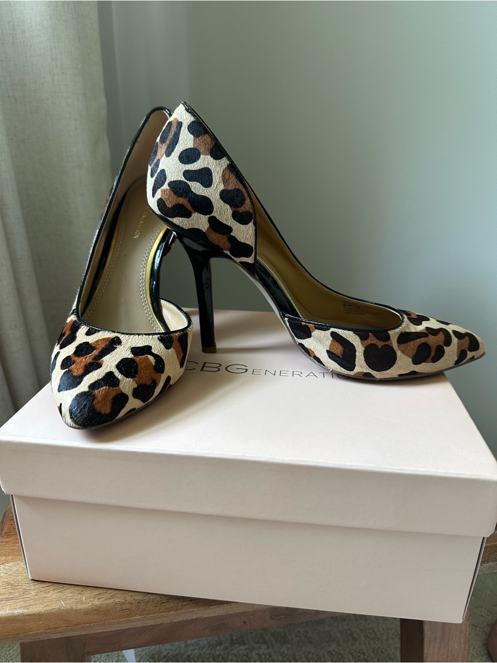 BCBGeneration Leopard Print Pointed Toe Pumps in Tan and Black
